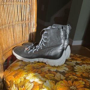John Fluevog Black Leather tongueless Boots with White Soles
